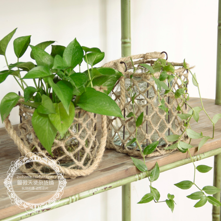 Country grocery retro rope with glass water - cultivated flower room balcony toilet green - rope vase