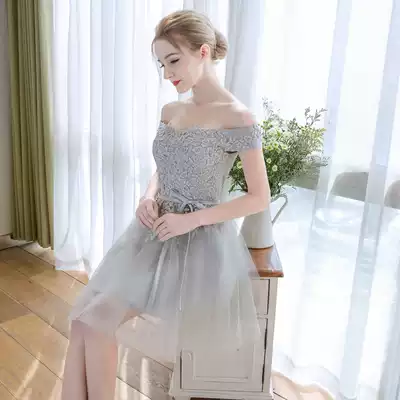 Gray bridesmaid dress short banquet evening dress new autumn and winter small dress dress slim woman