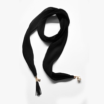 Original design black pleated pendant narrow scarf with shirt silk scarf versatile neck scarf womens waistband thin narrow scarf