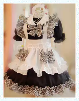 New 4-piece maid dress cute princess maid black and white grid bow maid