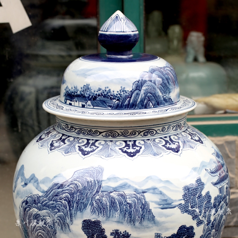 Jingdezhen blue and white landscape general tank hand - made ceramics vase sitting room ground adornment furnishing articles opening gifts