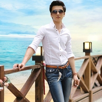  2017 spring and summer fashion Korean version of the three-point sleeve shirt young mens British slim-fit wild white high-neck short-sleeved shirt