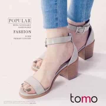 TOMO?法式女伶一字漆皮粗跟凉鞋台湾官网直邮进口