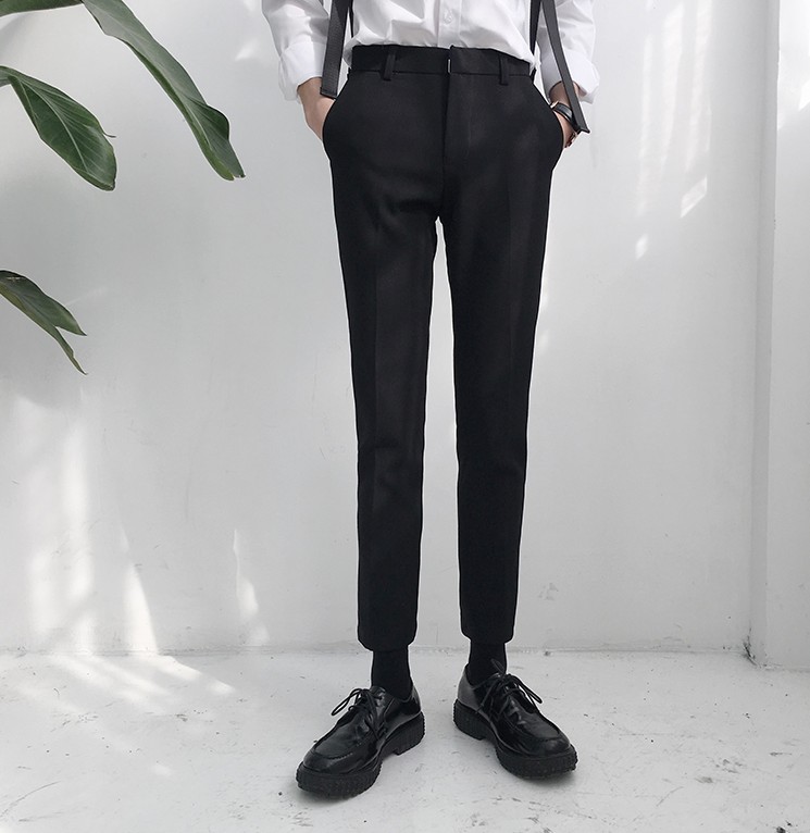 Male shop韩国免烫九分纯黑休闲裤男生锥形小脚显瘦英伦西装裤潮