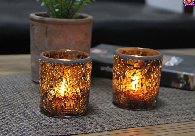 Eurostyle Amber Mosaic Glass Candle Holder Small Round Candle Holder with tea wax to use bar Wedding Banquet-Taobao