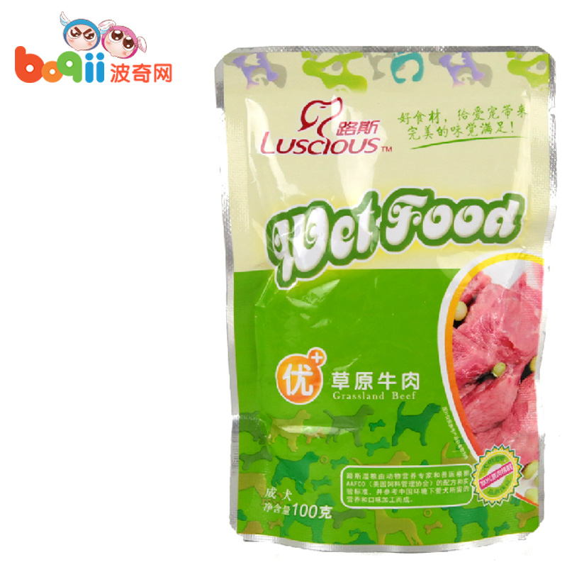 波奇网宠物狗零食 路斯 优+ 草原牛肉成犬狗零食鲜封包狗湿粮100g