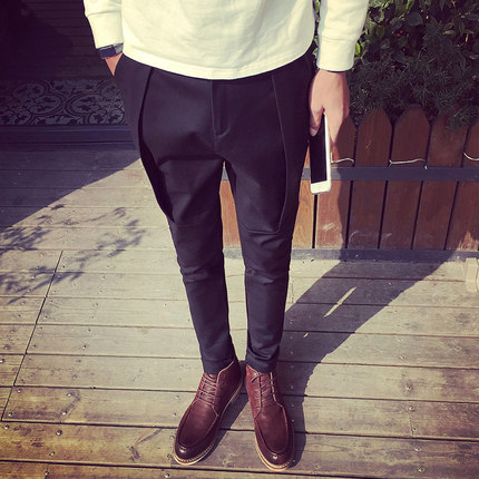 16男士哈伦裤小脚裤休闲格子西装裤修身收脚