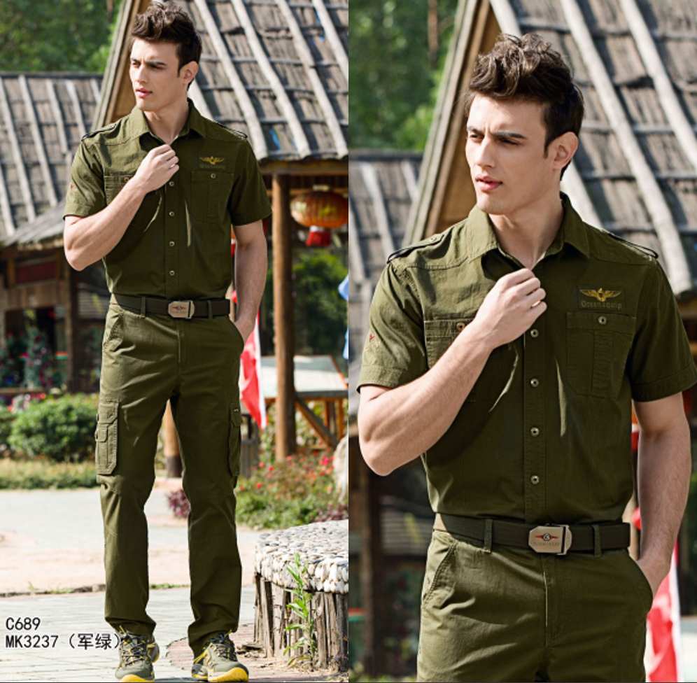 Spring and summer new outdoor casual military fan pure cotton loose short sleeve men shirt green equipment mens shirt
