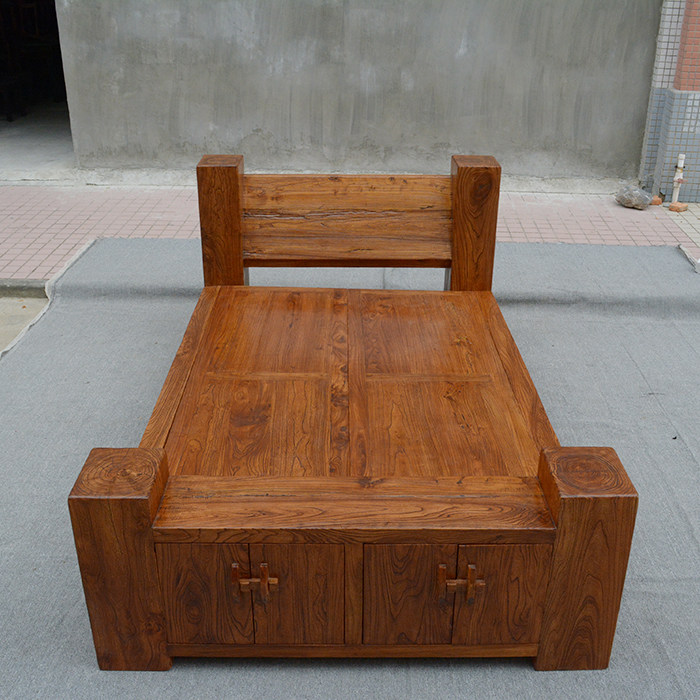 Customized elm bed pure solid wood bed simple double ecological log Chinese antique wedding bed bed into a residential bed
