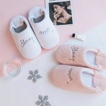  Pink girl heart letter embroidery coral velvet slippers Warm moon shoes floor mute cotton shoes Home cotton shoes