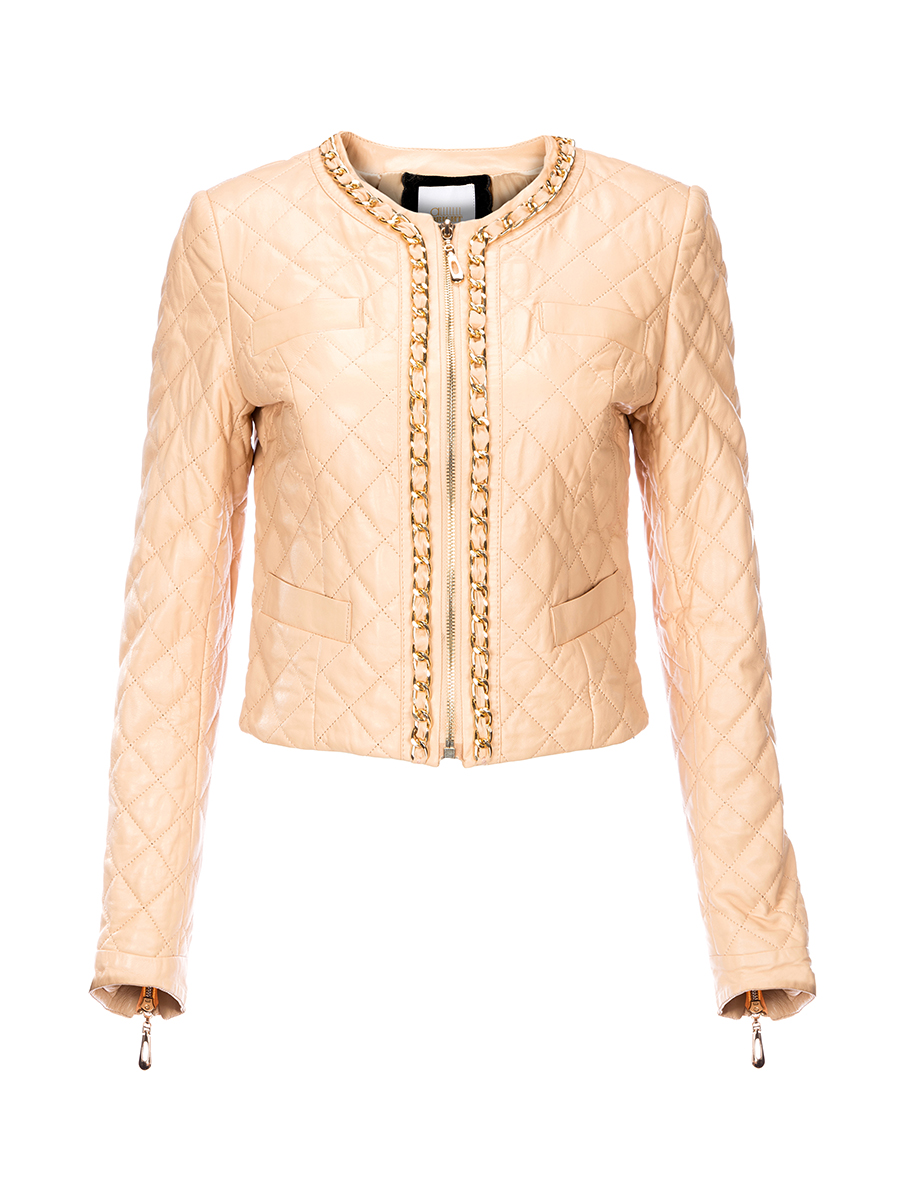 ALLLLLLLBRIGHT 米色链条绗缝线饰短款皮衣