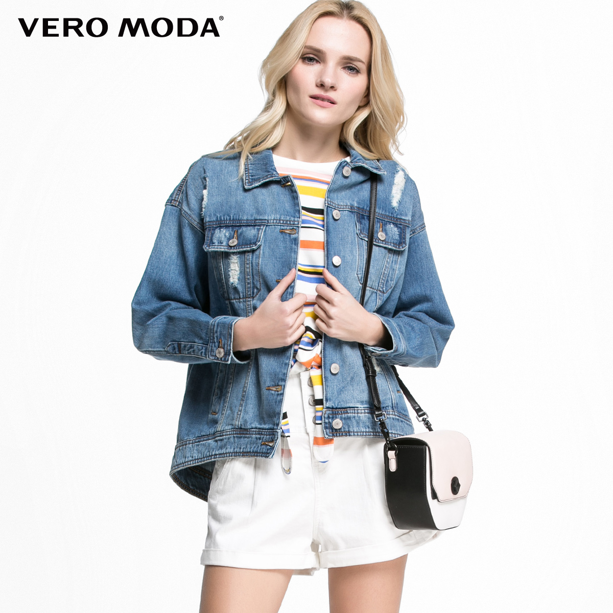 Vero Moda水洗做旧磨破多袋后身字母印花牛仔外套|316157003
