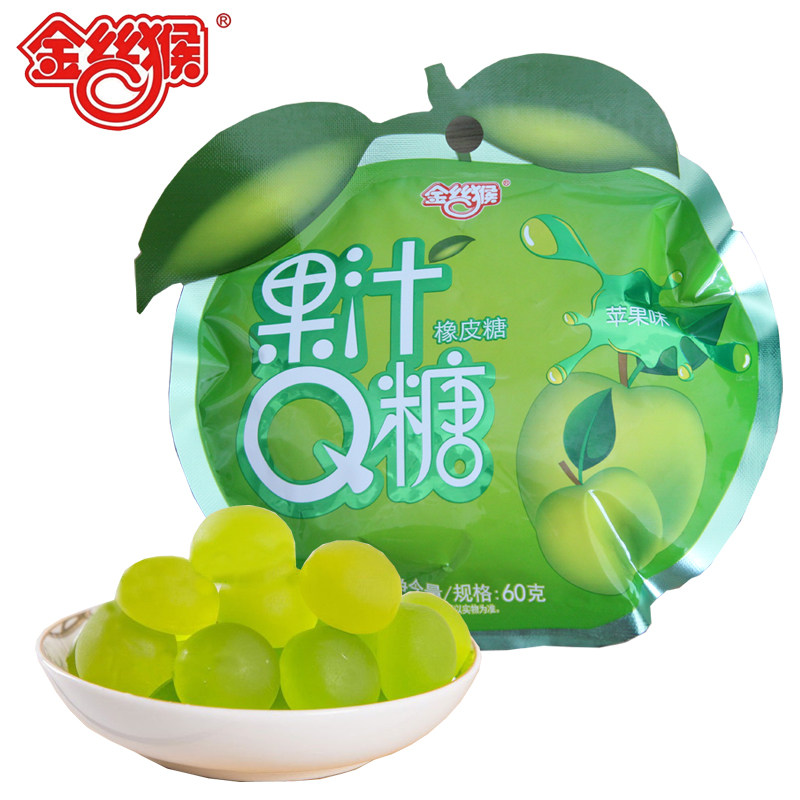 【天猫超市】金丝猴 果汁Q橡皮糖(苹果味)60g/袋  休闲零食糖果