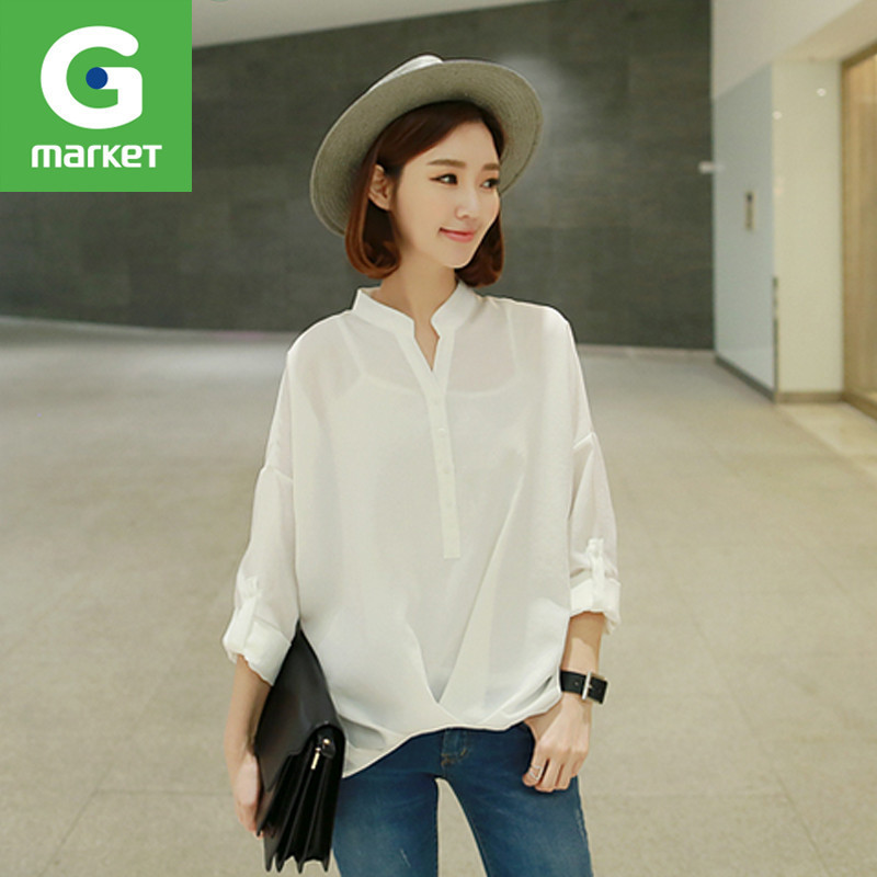 韩国新品 女装[Clicknfunny]春装宽松V领长袖衬衫简约七分袖罩衫