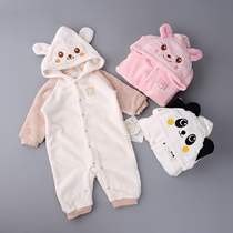 Baby climbing clothes winter coral velvet coat male and female baby cartoon animal shape jumpsuit Baby childrens home clothes
