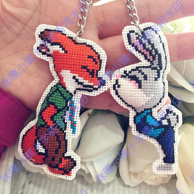 Three Miga Cross Stitch Kit Small Pendant Bifacial Embroidered Phone Pendant Frantic Animal Fox Rabbit