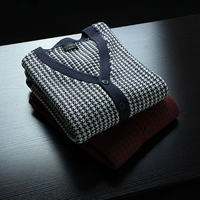 Khí chất nổi bật Thiết kế Anh đơn mùa đông nam giản dị V-cổ retro houndstooth đan áo len cardigan thời trang công sở nam