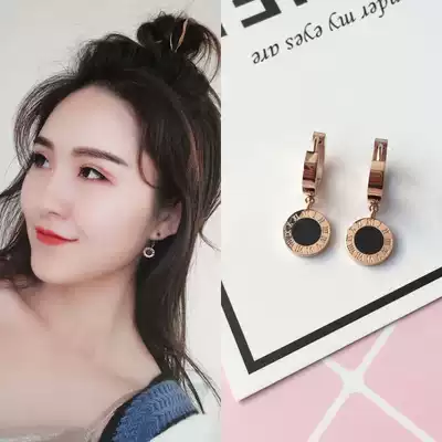 Korean version of titanium steel plated 18K rose gold Roman numeral ear ring earrings female fashion thin temperament ear jewelry