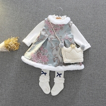 Winter new girl Mongolian style jacquard vest dress girl baby plus velvet dress Princess dress