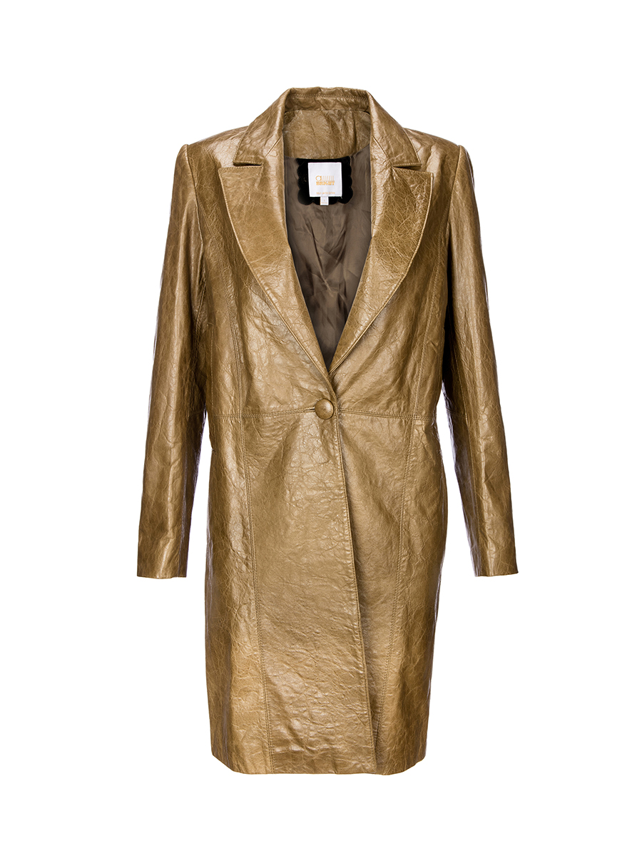 ALLLLLLLBRIGHT 棕绿色翻驳领一粒扣饰修身皮衣