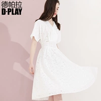 DPLAY Depala Đầu Mùa Thu Châu Âu và Mỹ Đi Lại CV Trắng Ren Váy Ngắn Tay Cổ Chữ V Eo Slim Dress 	váy dây buộc eo