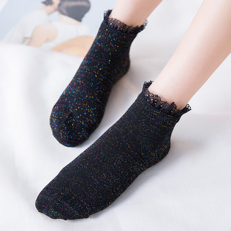 Women's Low-Cut Short Socks, Korean Cute Silver Thread Shiny Silk, Japanese Style Thin Black Lace Trim No-Show Socks
