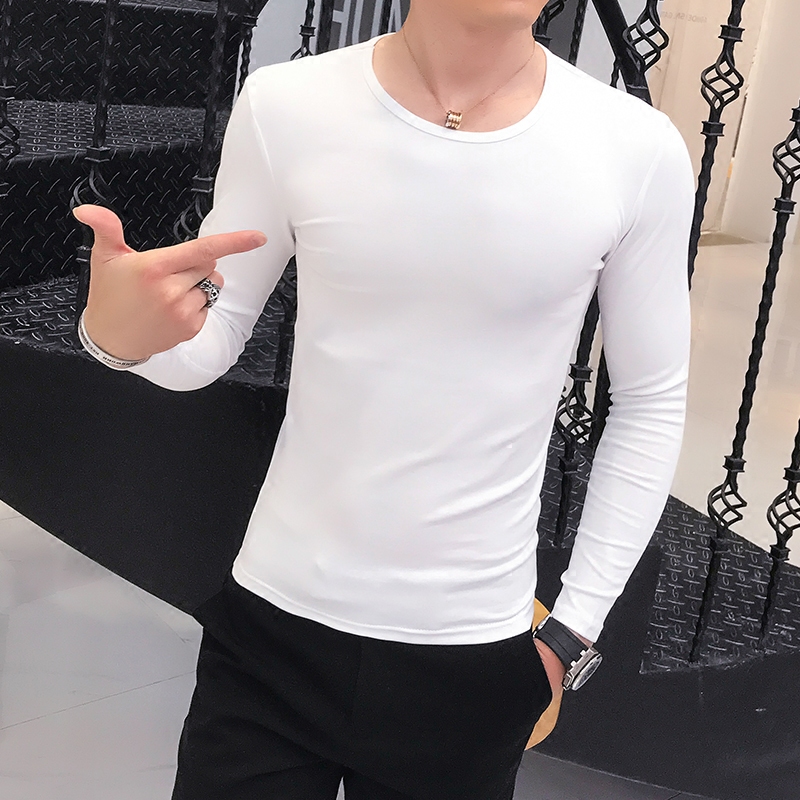 春秋季新款男士长袖T恤圆领纯白色体恤衫修身男装紧身上衣打底衫