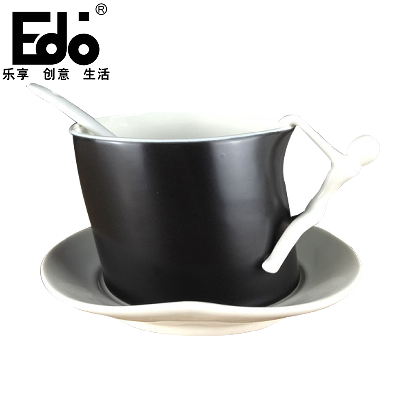 【天猫超市】edo咖啡杯欧式陶瓷杯创意陶马克杯牛奶杯子带勺黑色