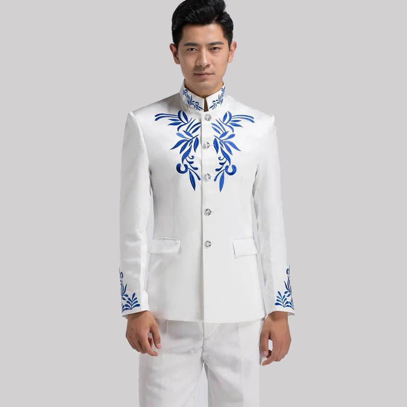 Standing collar embroidery Chinese tunic costume, men's stage chorus costume singer host dress performance costume.