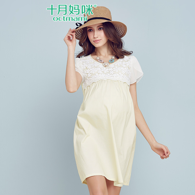 十月妈咪夏季棉款孕妇连衣裙 短袖怀孕裙孕妇装 蕾丝拼接夏装裙子