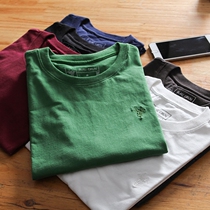 Foreign Trade Mens Wash Cotton Round Neck Short Sleeve Pure Color Simple Joker British Half Sleeve T-shirt