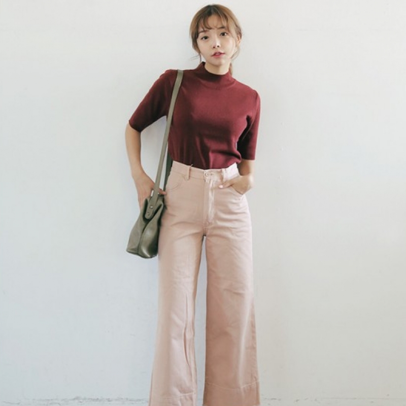 韩国stylenanda官方正品 唯美纯色毛边裤脚阔腿裤-粉色