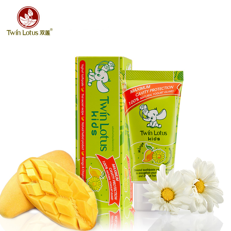 泰国进口双莲优乳益齿儿童牙膏50g防蛀牙菌斑可吞咽芒果+野菊口味