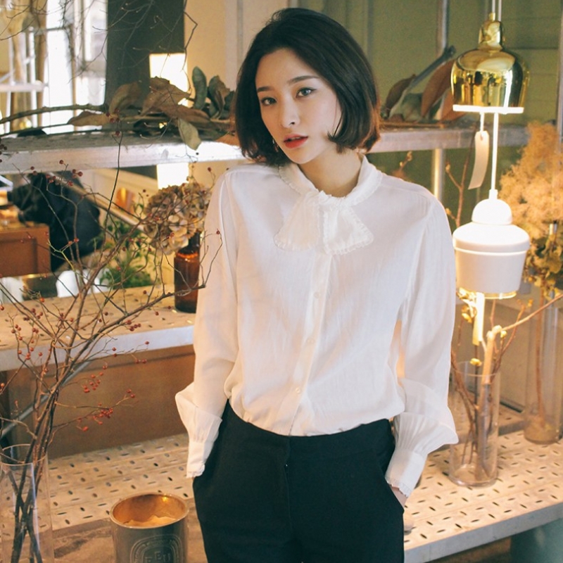 韩国stylenanda官方正品 褶裥拼接系带领衬衣-象牙色