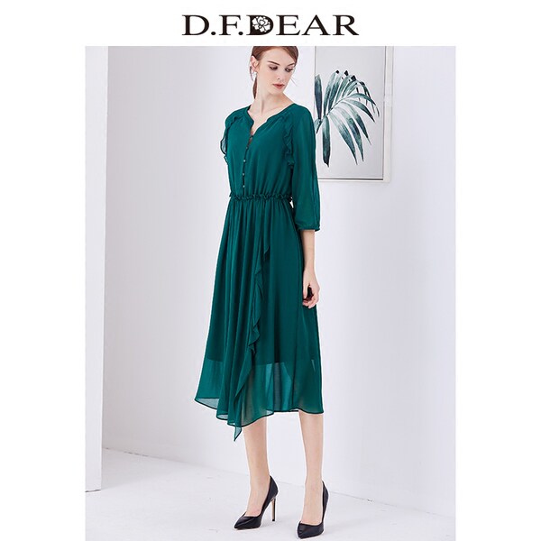 德菲蒂奥 D．F．DEAR 18年夏季新款 五分袖V领雪纺连衣裙 天猫优惠券折后￥209包邮（￥359-150）2色可选