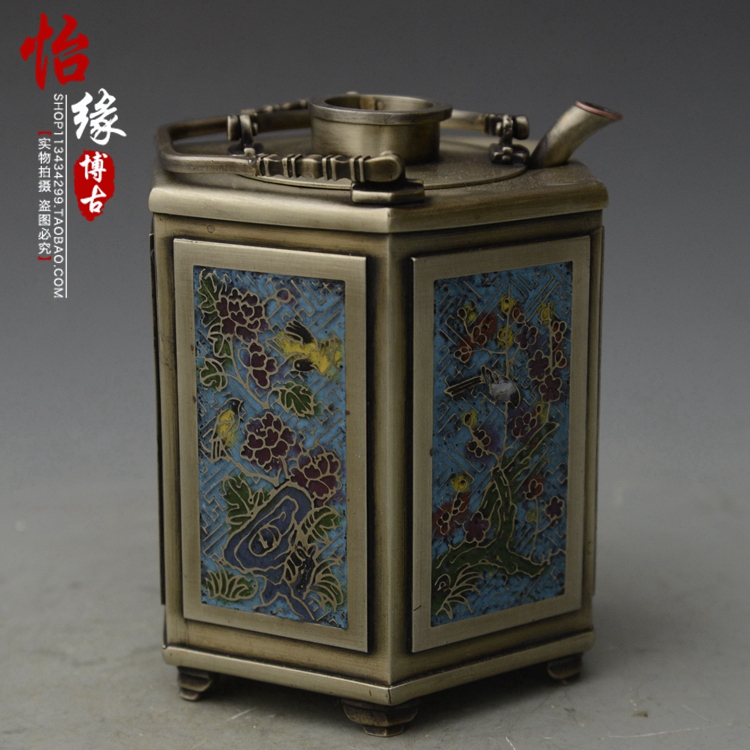 Ancient Play Antique Chore White Bronze Jingtai Blue Flowers Birds Warm Wine Jug Teapot Wine Furniture Home Goods Collection