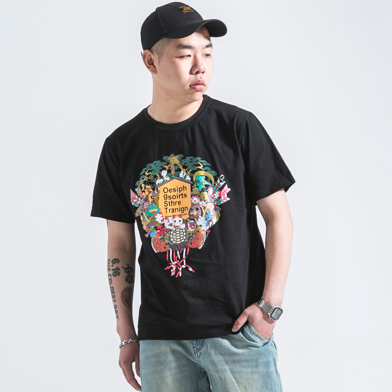 浮世绘 日系复古风动物园印花圆领T恤潮男纯棉弹力百搭短袖打底衫
