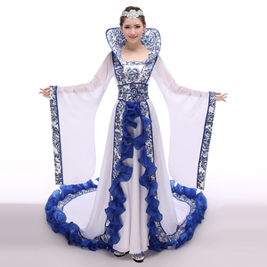 Chinese Folk Dance Dress Blue and white porcelain imperial concubine ancient Chinese costume dance fairy tailed Costume