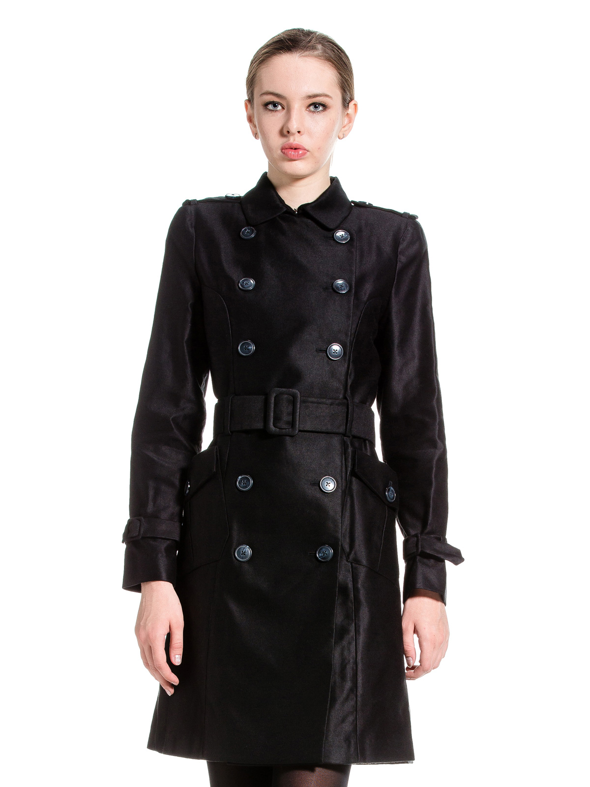 EQ:IQ 硬朗风黑色双排扣女士长款大衣