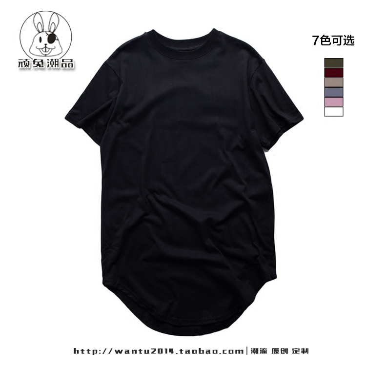 欧美高街圆弧下摆纯色百搭打底T恤衫 中长款大码男女情侣短袖T恤