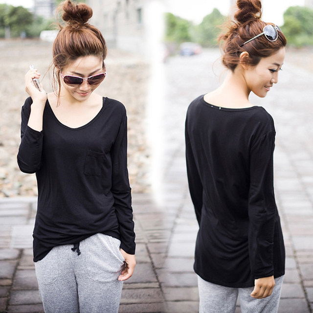Spring and summer European and American style plus size women's bottoming shirt slim round neck pocket modal long sleeve t-shirt loose