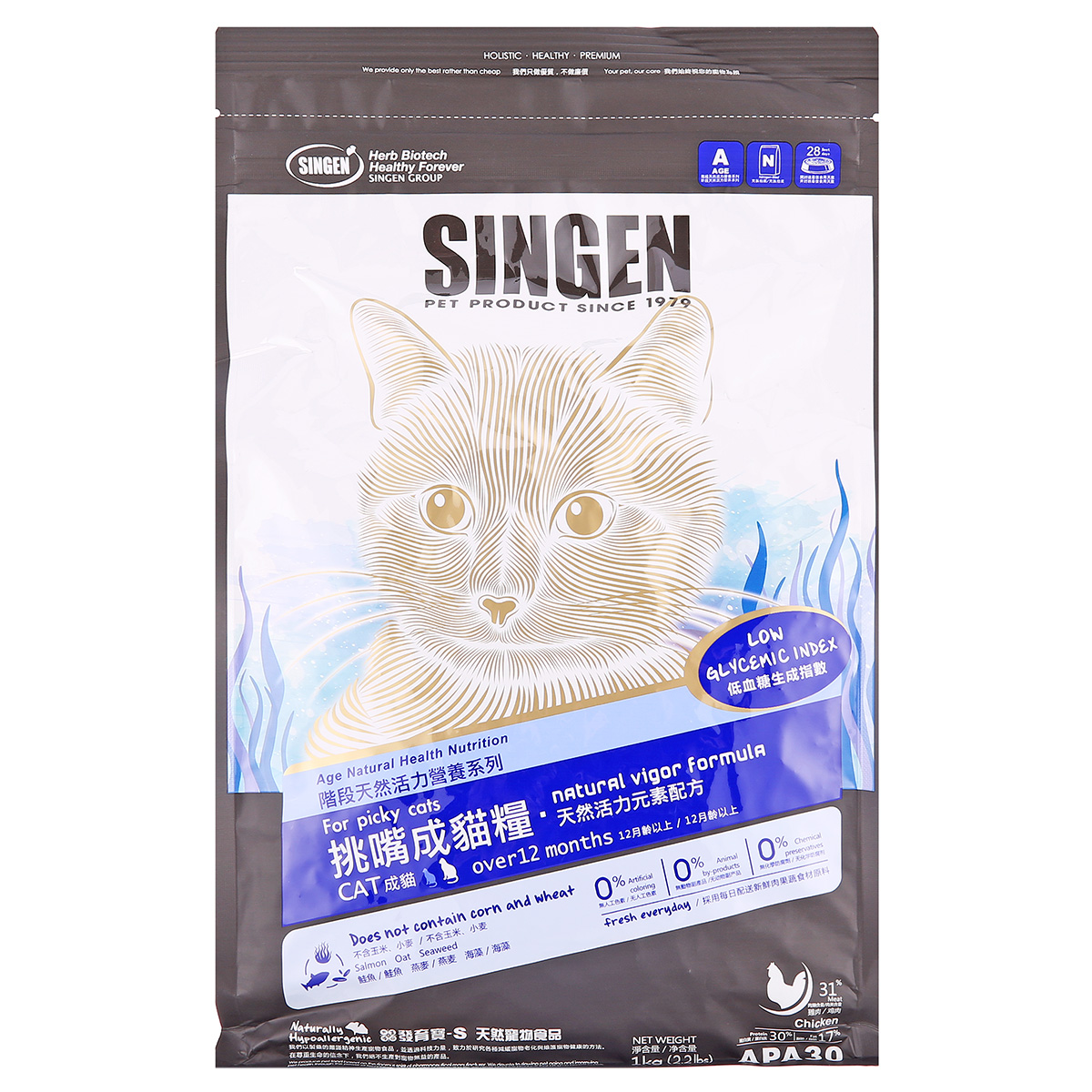 波奇网 宠物猫粮singen信元APA30室内挑嘴成猫粮-天然活力配方1KG