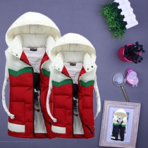 Autumn Winter Lian Hat Splicing Stripe Lovers Down cotton waistcoat Mens Han version Body Shoulder thickening Large code Vest Female Tide