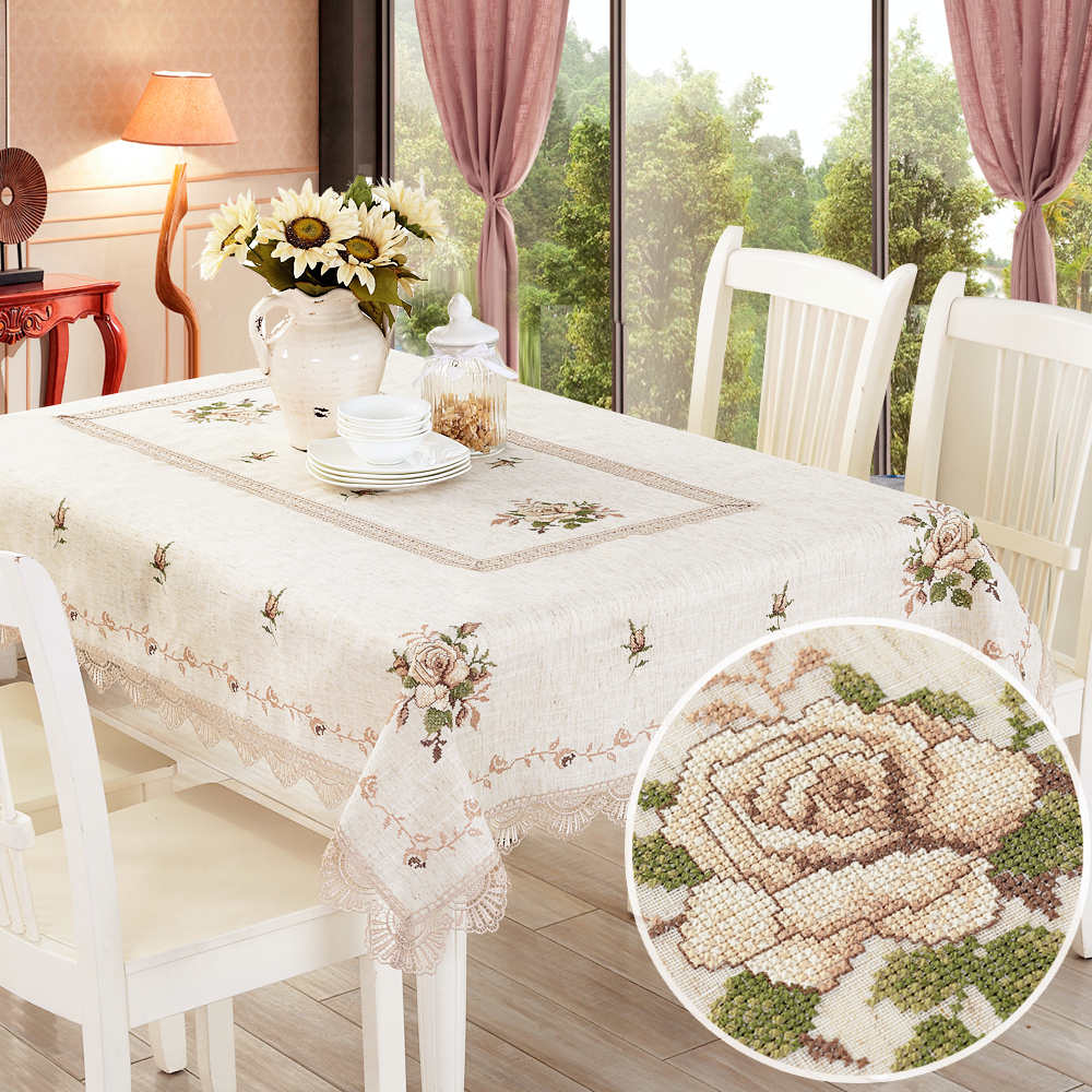 Embroidered tablecloth Coffee table cloth Cross-stitch tablecloth Simple modern cotton and linen tablecloth Cover towel Bedside table cover