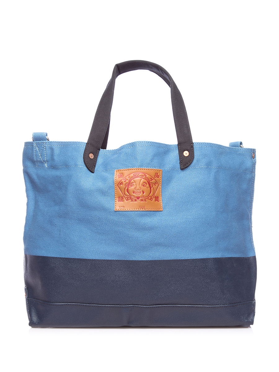 Evisu 牛仔蓝色Logo饰双攀带托特包