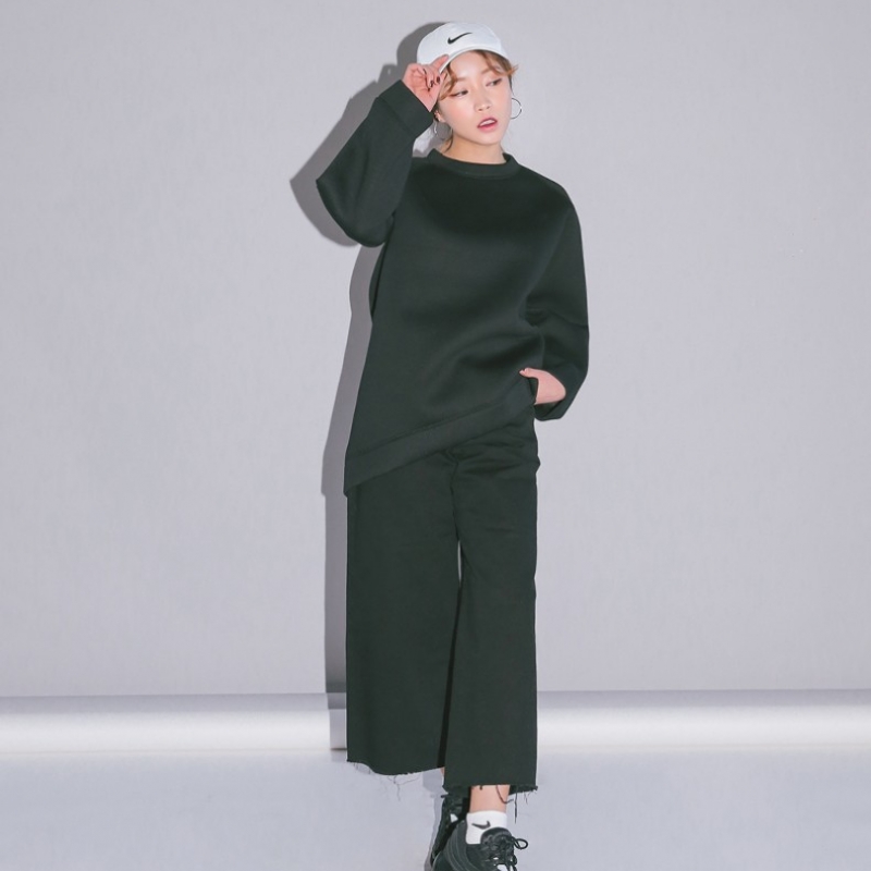 韩国stylenanda官方正品 简约款纯色毛边阔腿裤-黑色