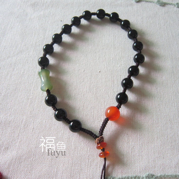 Natural agate handle piece hand-woven bead string with rope simple black agate green bamboo agate red agate with rope