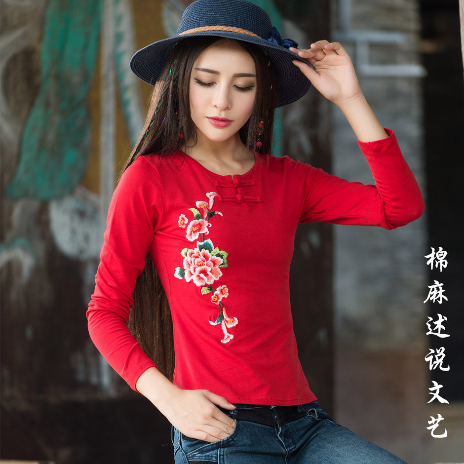 新款女装民族风绣花圆领手工一字盘扣长袖中国红百搭T恤打底衫