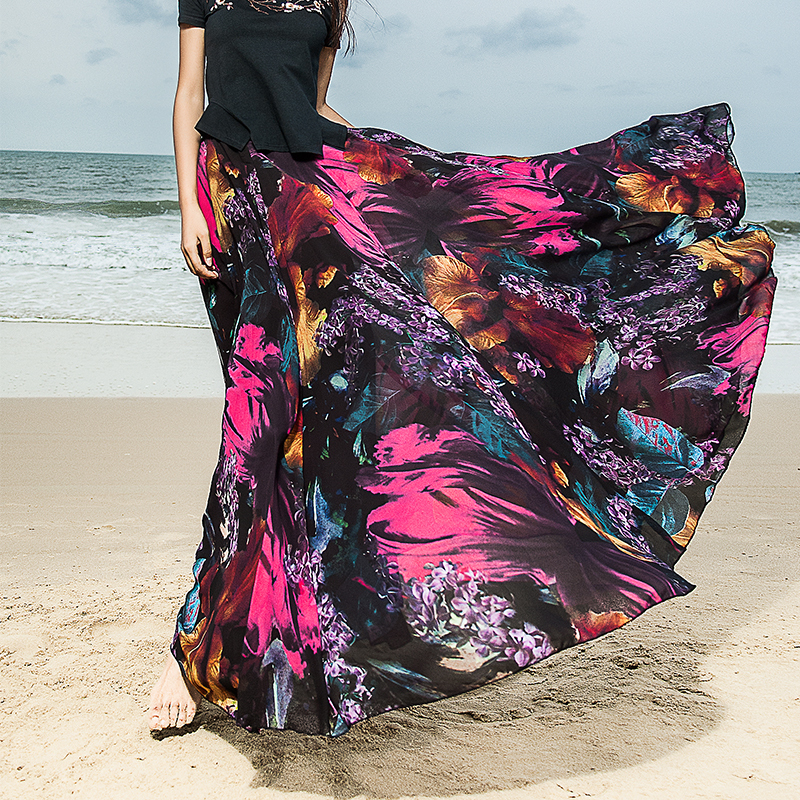  2025 New Summer Style Retro Large Hem Midi Skirt Ethnic Style Extended Floor-Length Printed Dance Skirt Chiffon Thin