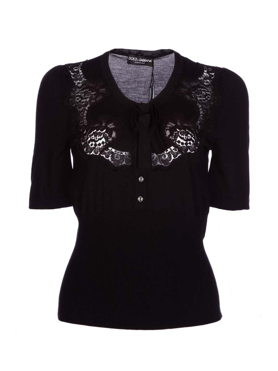 Dolce&Gabbana 黑色蕾丝饰系带中袖上衣